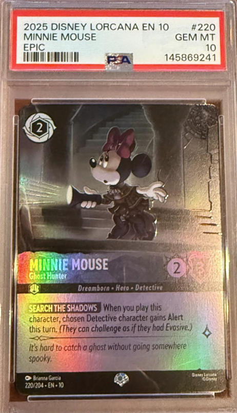 Lorcana Whispers In The Well Minne Mouse Ghost Hunter Epic Foil 220/204 PSA 10